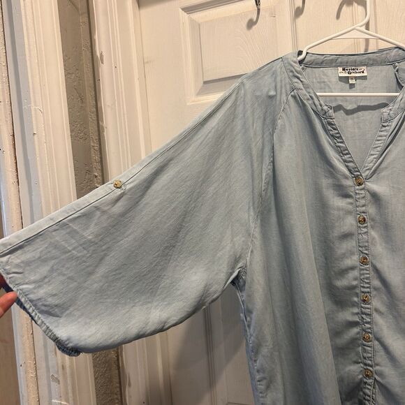 Hester & Orchard Tencel Chambray Button Up Asymmetrical Raw Hem‎ Shirt Sz 2X - Picture 2 of 9